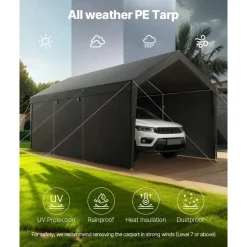 VEVOR Carport, 12 x 20 FT Outdoor Car Canopy, Potable Carport with Removable Sidewalls & Door, Heavy Duty Car Shelter, UV-Resistant & Water-Resistant, All-Season Protection for Automobile Boat Grey