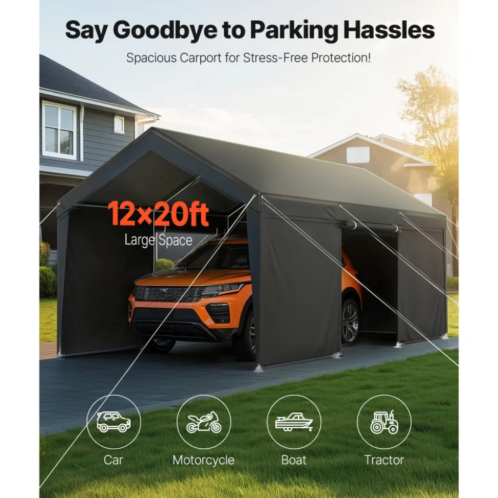 VEVOR Carport, 12 x 20 FT Outdoor Car Canopy, Potable Carport with Removable Sidewalls & Door, Heavy Duty Car Shelter, UV-Resistant & Water-Resistant, All-Season Protection for Automobile Boat Grey
