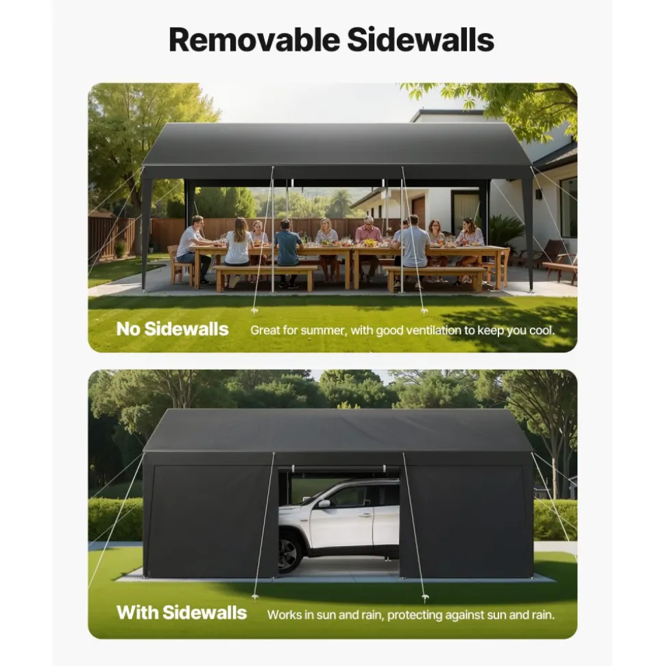 VEVOR Carport, 12 x 20 FT Outdoor Car Canopy, Potable Carport with Removable Sidewalls & Door, Heavy Duty Car Shelter, UV-Resistant & Water-Resistant, All-Season Protection for Automobile Boat Grey