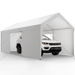 VEVOR Carport, 10 x 20 FT Outdoor Car Canopy, Potable Carport with Removable Sidewalls & Door, Heavy Duty Car Shelter, UV-Resistant & Water-Resistant, All-Season Protection for Automobile Boat White