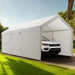 VEVOR Carport, 10 x 20 FT Outdoor Car Canopy, Potable Carport with Removable Sidewalls & Door, Heavy Duty Car Shelter, UV-Resistant & Water-Resistant, All-Season Protection for Automobile Boat White