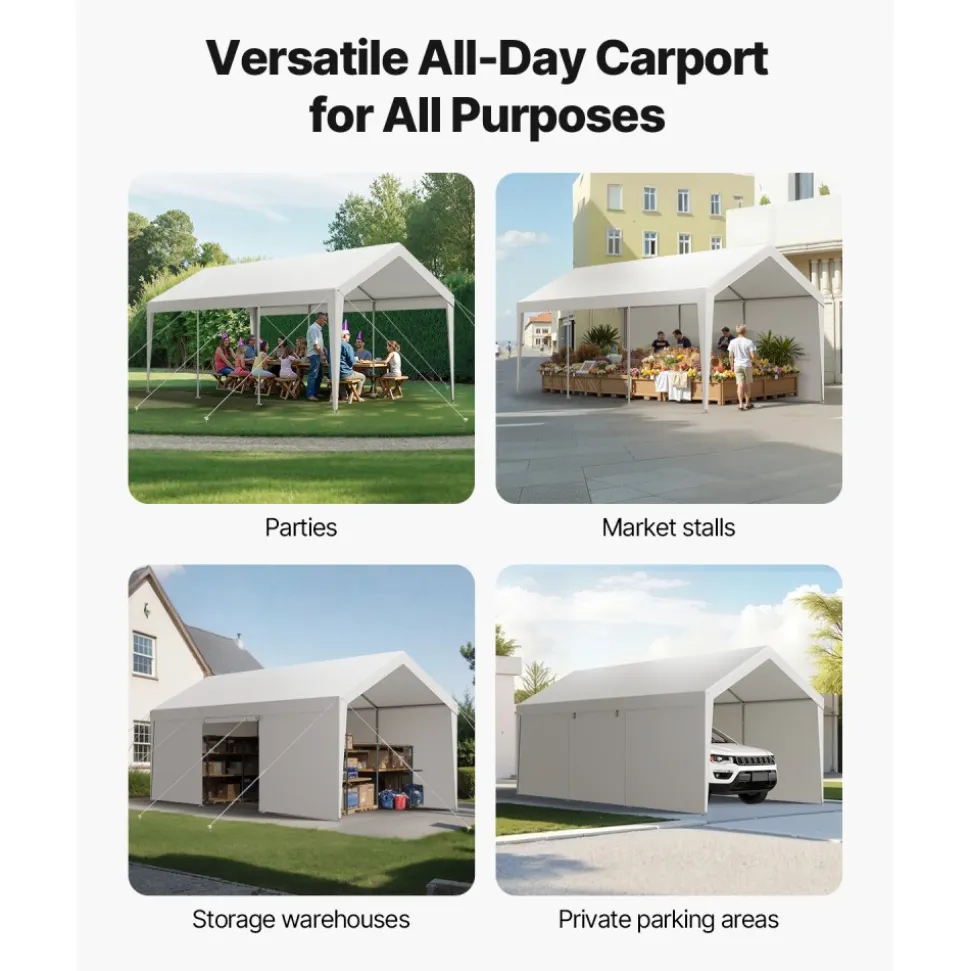 VEVOR Carport, 12 x 20 FT Outdoor Car Canopy, Potable Carport with Removable Sidewalls & Door, Heavy Duty Car Shelter, UV-Resistant & Water-Resistant, All-Season Protection for Automobile Boat White
