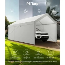 VEVOR Carport, 12 x 20 FT Outdoor Car Canopy, Potable Carport with Removable Sidewalls & Door, Heavy Duty Car Shelter, UV-Resistant & Water-Resistant, All-Season Protection for Automobile Boat White