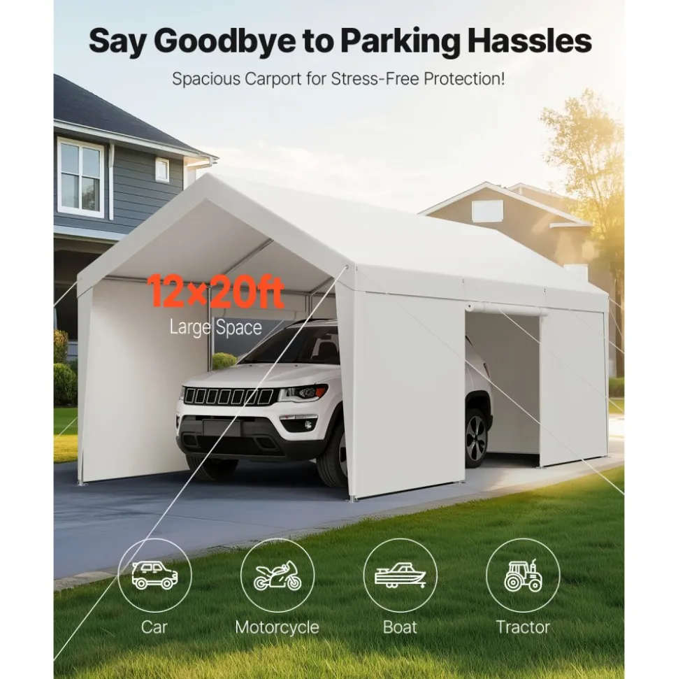 VEVOR Carport, 12 x 20 FT Outdoor Car Canopy, Potable Carport with Removable Sidewalls & Door, Heavy Duty Car Shelter, UV-Resistant & Water-Resistant, All-Season Protection for Automobile Boat White