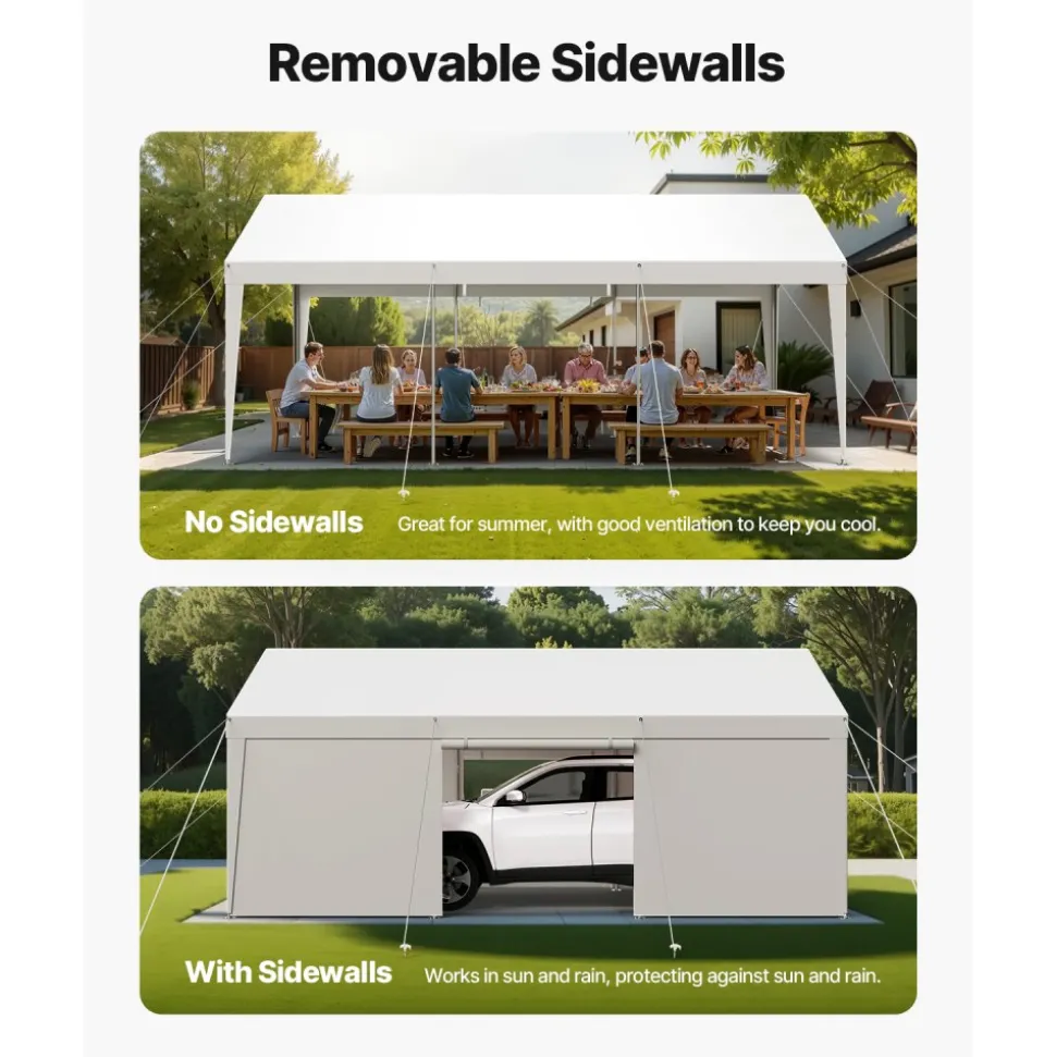 VEVOR Carport, 12 x 20 FT Outdoor Car Canopy, Potable Carport with Removable Sidewalls & Door, Heavy Duty Car Shelter, UV-Resistant & Water-Resistant, All-Season Protection for Automobile Boat White