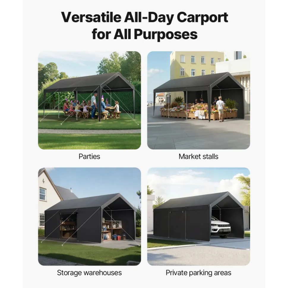 VEVOR Carport, 10 x 20 FT Outdoor Car Canopy, Potable Carport with Removable Sidewalls & Door, Heavy Duty Car Shelter, UV-Resistant & Water-Resistant, All-Season Protection for Automobile Boat Grey