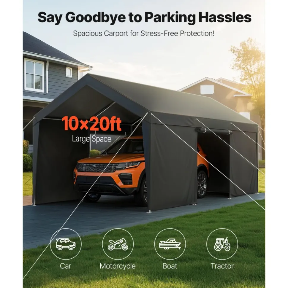 VEVOR Carport, 10 x 20 FT Outdoor Car Canopy, Potable Carport with Removable Sidewalls & Door, Heavy Duty Car Shelter, UV-Resistant & Water-Resistant, All-Season Protection for Automobile Boat Grey