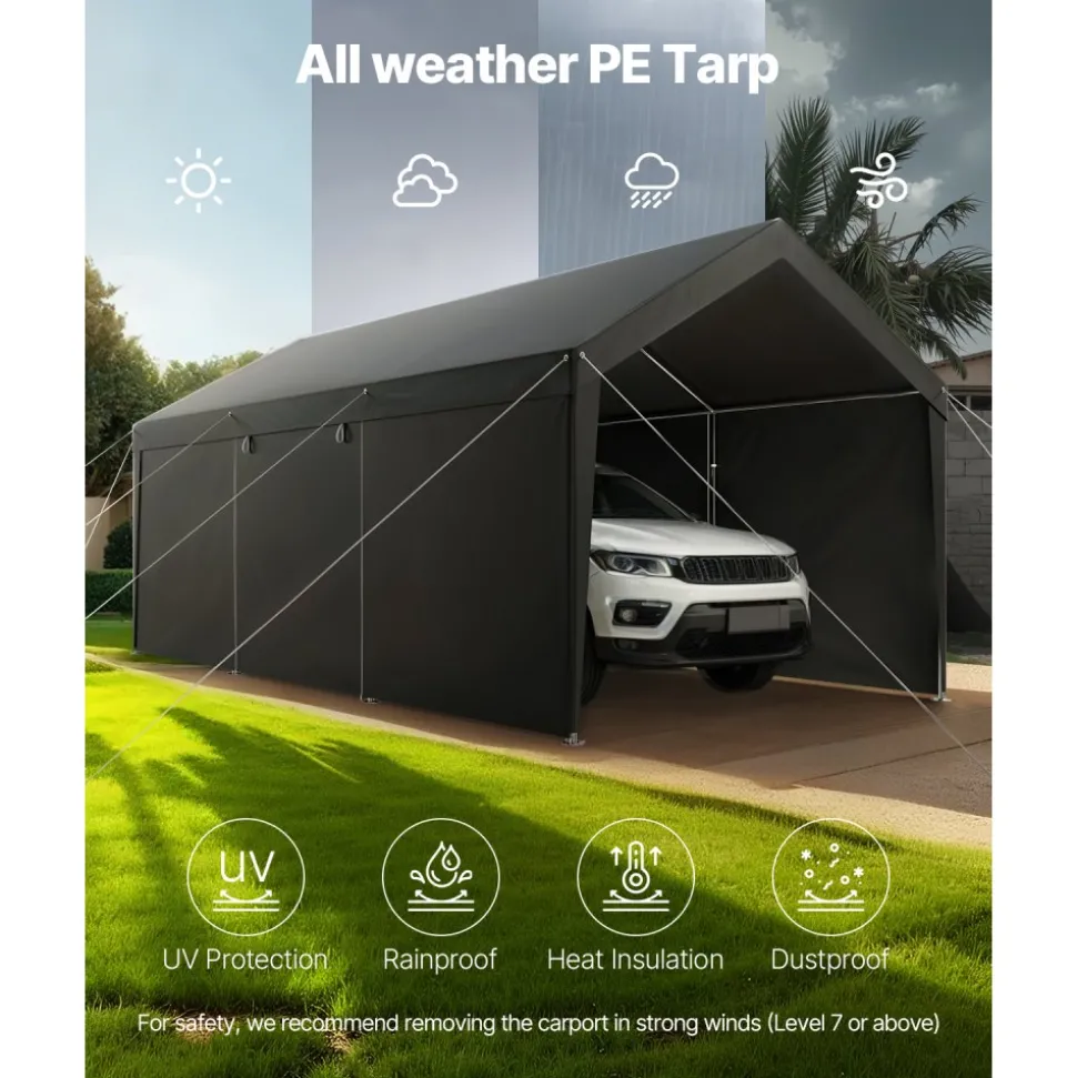 VEVOR Carport, 10 x 20 FT Outdoor Car Canopy, Potable Carport with Removable Sidewalls & Door, Heavy Duty Car Shelter, UV-Resistant & Water-Resistant, All-Season Protection for Automobile Boat Grey