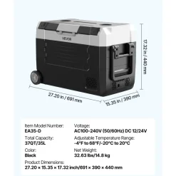 VEVOR Car Refrigerator, DC 12/24V AC100-240V Compressor Electric Cooler, -4°F to 68°F Truck Refrigerator with APP Control, Wheels & Dual Zone, 37 QT Cars Cooler for RVs, Boats, Camping, Fishing