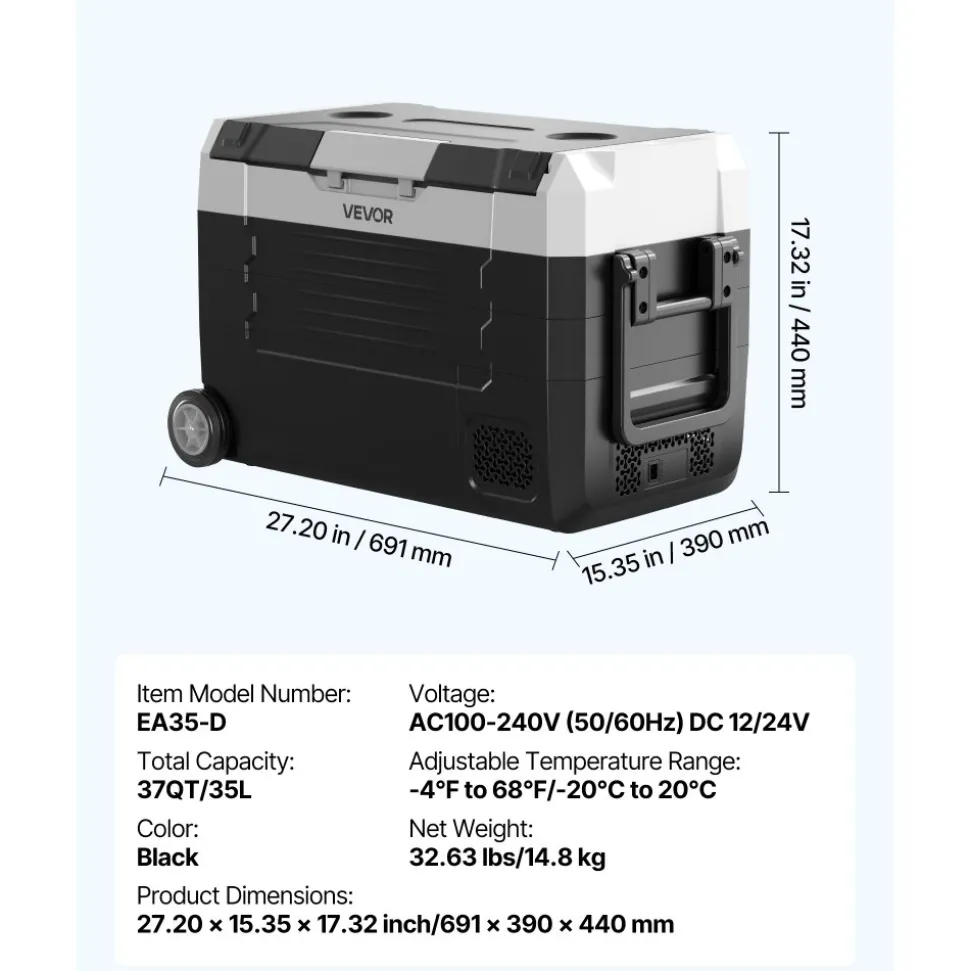 VEVOR Car Refrigerator, DC 12/24V AC100-240V Compressor Electric Cooler, -4°F to 68°F Truck Refrigerator with APP Control, Wheels & Dual Zone, 37 QT Cars Cooler for RVs, Boats, Camping, Fishing