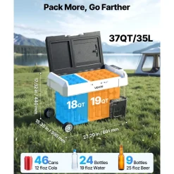 VEVOR Car Refrigerator, DC 12/24V AC100-240V Compressor Electric Cooler, -4°F to 68°F Truck Refrigerator with APP Control, Wheels & Dual Zone, 37 QT Cars Cooler for RVs, Boats, Camping, Fishing