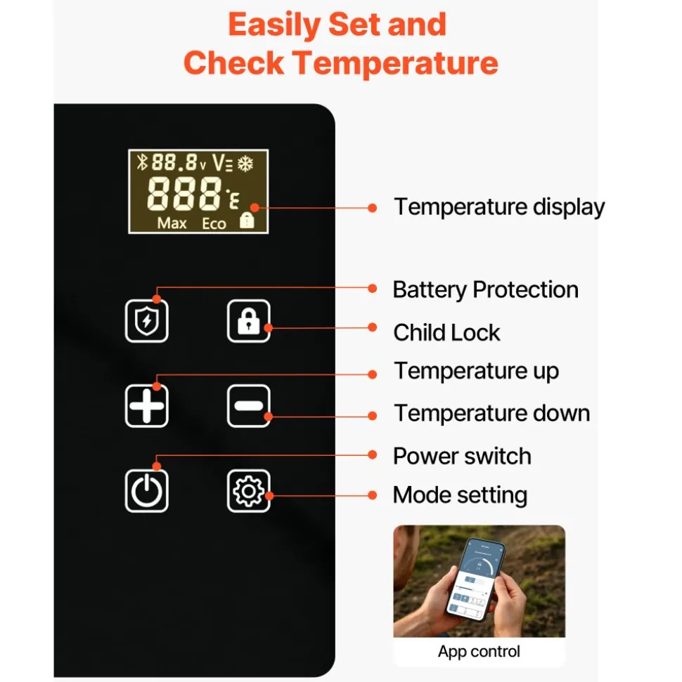 VEVOR Car Refrigerator, DC 12/24V AC100-240V Compressor Electric Cooler, -4°F to 68°F Car Fridge with APP Control, 23 QT Cars Freezer for RVs, Campsites, Boats, Camping, Fishing, 45W Portable Freezer