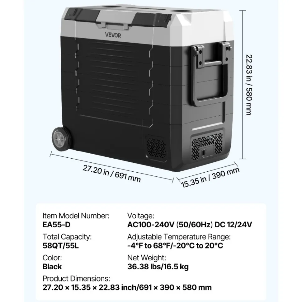 VEVOR Car Refrigerator, DC 12/24V AC100-240V Compressor Electric Cooler, -4°F to 68°F Truck Refrigerator with APP Control, Wheels & Dual Zone, 58 QT Cars Cooler for RVs, Boats, Camping, Fishing