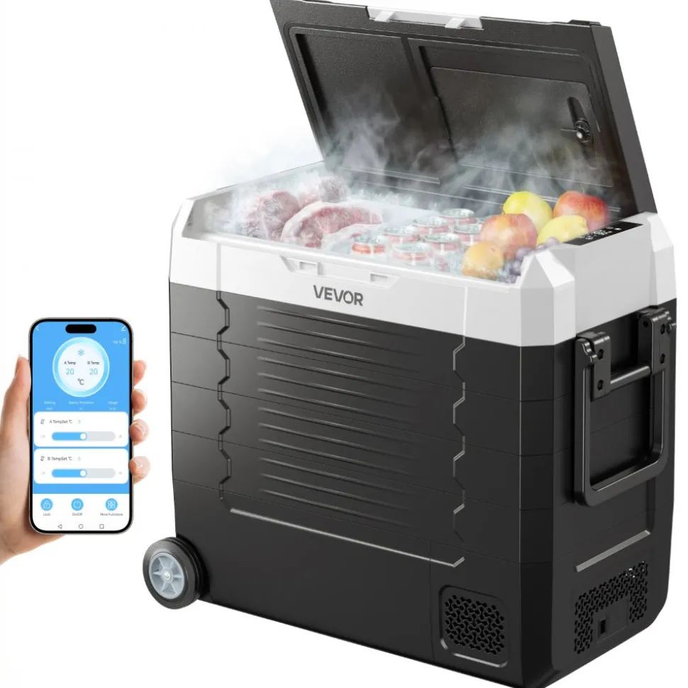 VEVOR Car Refrigerator, DC 12/24V AC100-240V Compressor Electric Cooler, -4°F to 68°F Truck Refrigerator with APP Control, Wheels & Dual Zone, 58 QT Cars Cooler for RVs, Boats, Camping, Fishing