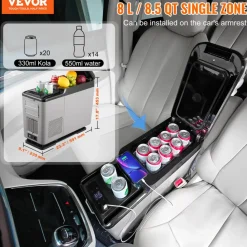 VEVOR Car Refrigerator, 12 Volt Car Armrest Refrigerator Fridge, 15 L Single Zone Portable Freezer, -4℉-68℉ Adjustable Range, 12/24V DC and 100-240V AC Compressor Cooler for Outdoor, Camping