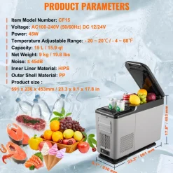 VEVOR Car Refrigerator, 12 Volt Car Armrest Refrigerator Fridge, 15 L Single Zone Portable Freezer, -4℉-68℉ Adjustable Range, 12/24V DC and 100-240V AC Compressor Cooler for Outdoor, Camping