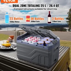 VEVOR Car Refrigerator, 12 Volt Car Refrigerator Fridge, 25 L Dual Zone Portable Freezer, -4℉-68℉ Adjustable Range, 12/24V DC and 100-240V AC Compressor Cooler for Outdoor, Camping, RV
