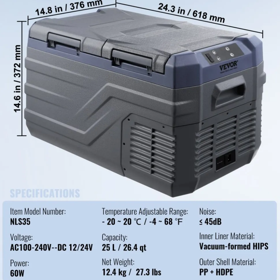 VEVOR Car Refrigerator, 12 Volt Car Refrigerator Fridge, 25 L Dual Zone Portable Freezer, -4℉-68℉ Adjustable Range, 12/24V DC and 100-240V AC Compressor Cooler for Outdoor, Camping, RV