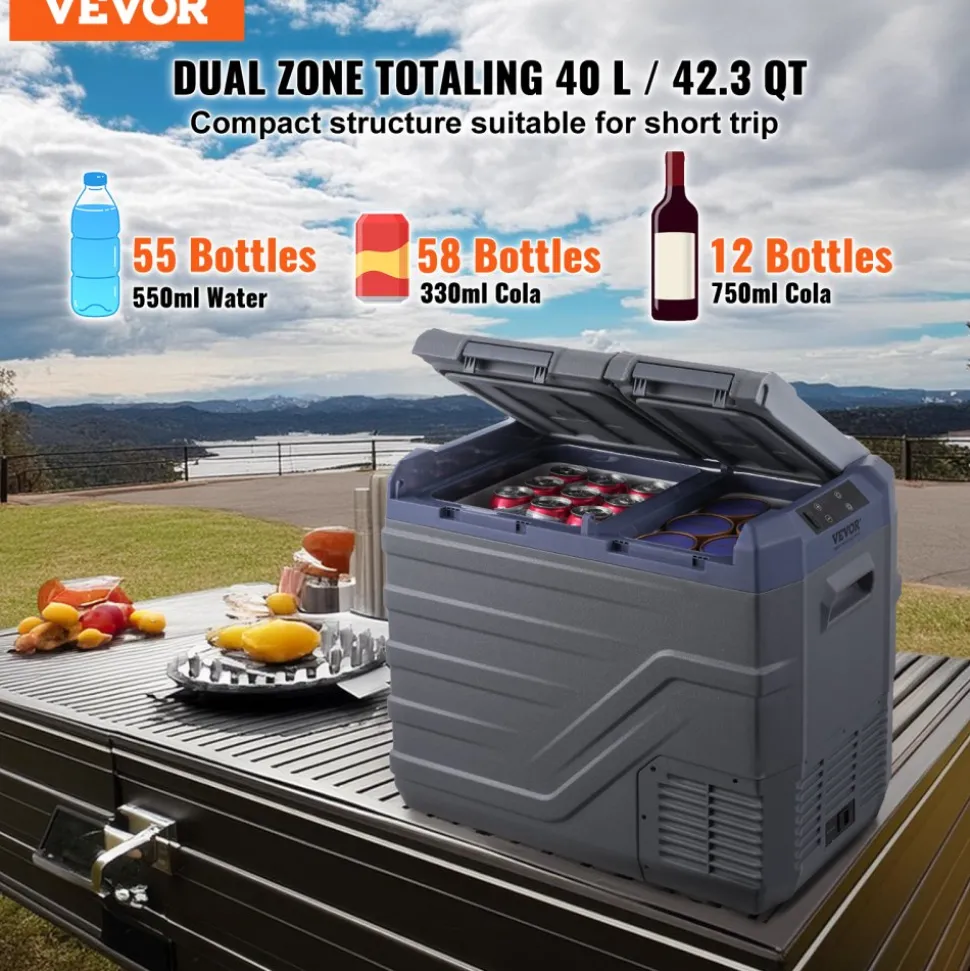 VEVOR Car Refrigerator, 12 Volt Car Refrigerator Fridge, 40 L Dual Zone Portable Freezer, -4℉-68℉ Adjustable Range, 12/24V DC and 100-240V AC Compressor Cooler for Outdoor, Camping, RV