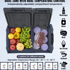 VEVOR Car Refrigerator, 12 Volt Car Refrigerator Fridge, 40 L Dual Zone Portable Freezer, -4℉-68℉ Adjustable Range, 12/24V DC and 100-240V AC Compressor Cooler for Outdoor, Camping, RV