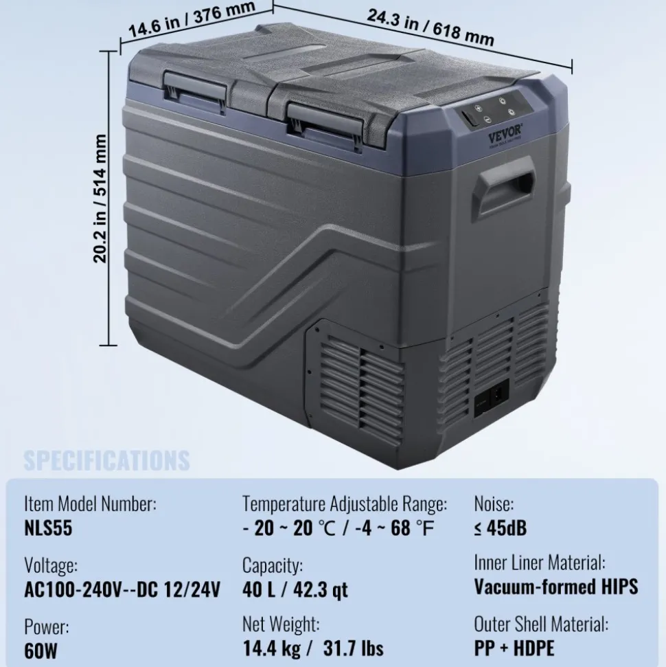 VEVOR Car Refrigerator, 12 Volt Car Refrigerator Fridge, 40 L Dual Zone Portable Freezer, -4℉-68℉ Adjustable Range, 12/24V DC and 100-240V AC Compressor Cooler for Outdoor, Camping, RV