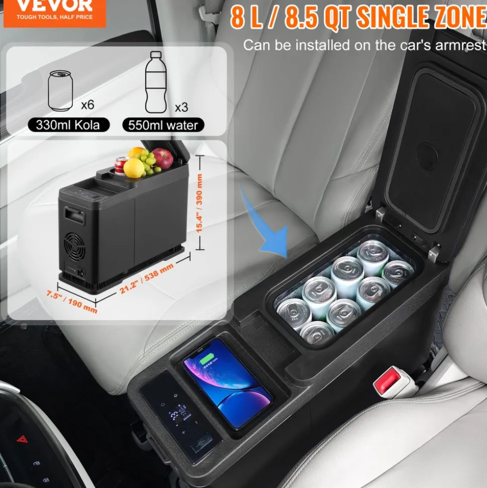 VEVOR Car Refrigerator, 12 Volt Car Armrest Refrigerator Fridge, 8 L Single Zone Portable Freezer, -4℉-68℉ Adjustable Range, 12/24V DC and 100-240V AC Compressor Cooler for Outdoor, Camping