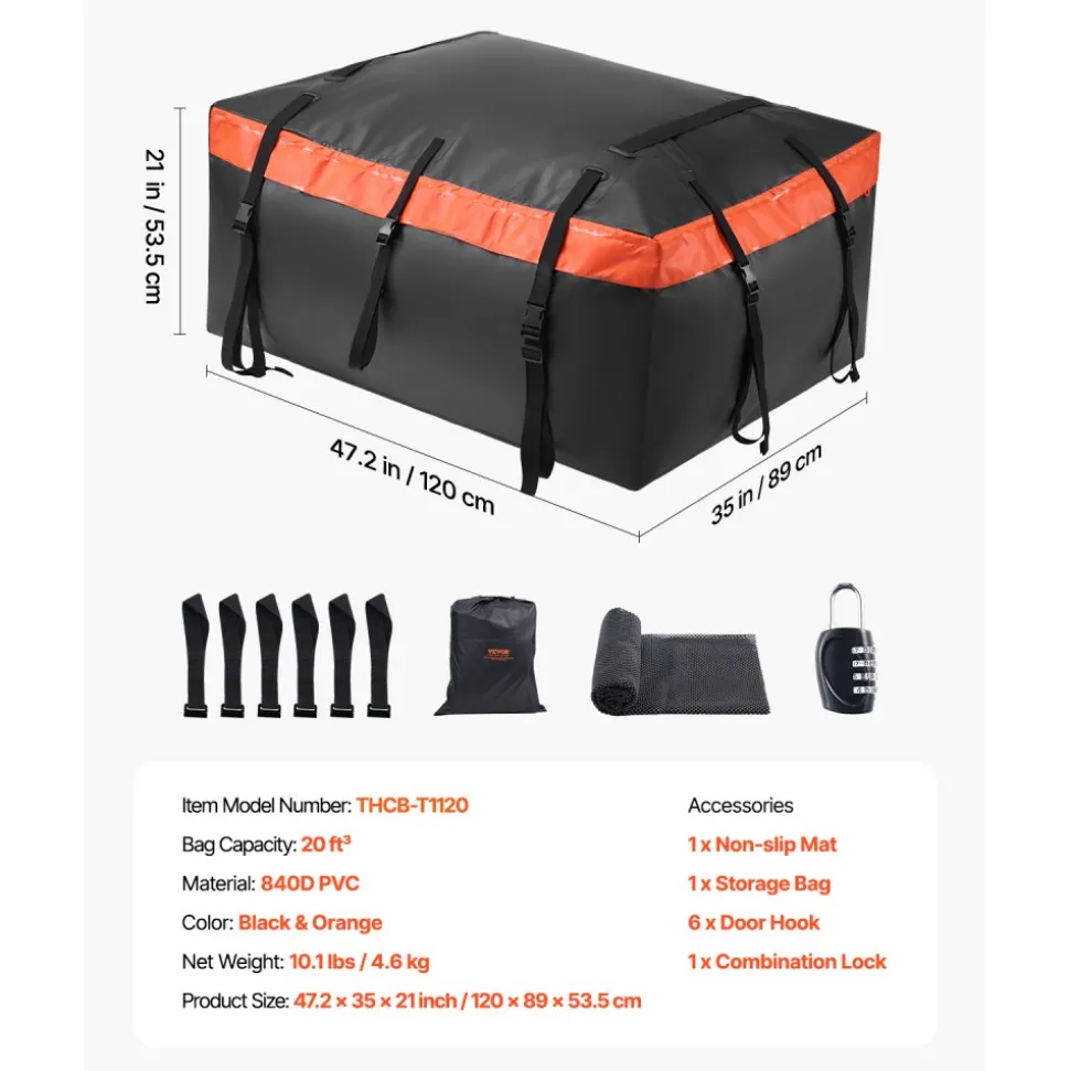 VEVOR Car Rooftop Cargo Carrier Bag, 20 Cubic Feet Roof Cargo Carrier, Heavy Duty 840D PVC 100% Waterproof Car Roof Luggage Bag for All Vehicle with/without Rack- with Lock, Anti-Slip Mat, 6 Door Hook