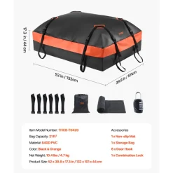 VEVOR Car Rooftop Cargo Carrier Bag, 21 Cubic Feet Car Roof Cargo Carrier, 100% Waterproof Heavy Duty 840D PVC Roof Luggage Bag for All Vehicle with/without Rack- with Lock, Non-Slip Mat, 6 Door Hooks