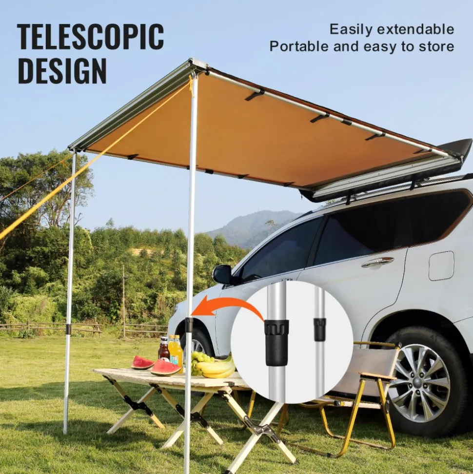 VEVOR Car Side Awning, Large 6.6' x 8.2' Shade Coverage Vehicle Awning, PU3000mm UV50+ Retractable Car Awning with Waterproof Storage Bag, Height Adjustable, Suitable for Truck, SUV, Van, Campers