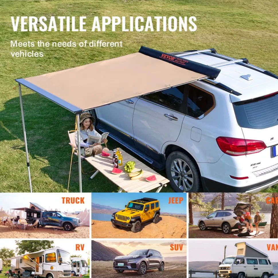 VEVOR Car Side Awning, Large 6.6' x 8.2' Shade Coverage Vehicle Awning, PU3000mm UV50+ Retractable Car Awning with Waterproof Storage Bag, Height Adjustable, Suitable for Truck, SUV, Van, Campers