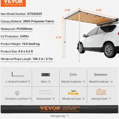 VEVOR Car Side Awning, Large 6.6' x 8.2' Shade Coverage Vehicle Awning, PU3000mm UV50+ Retractable Car Awning with Waterproof Storage Bag, Height Adjustable, Suitable for Truck, SUV, Van, Campers