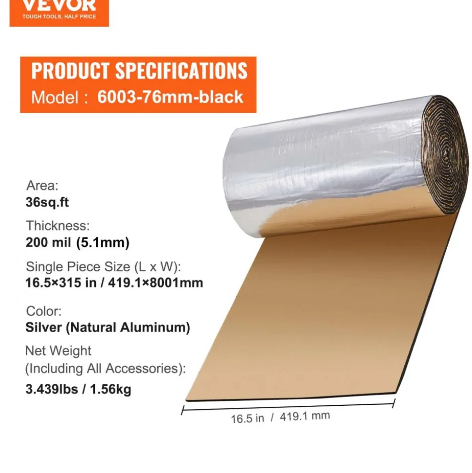 VEVOR Car Sound Deadening Mat, 200 mil 36 sqft Automotive Sound Deadener, High Density Foam Sound Deadener Material & Heat Barrier, Double Layer Waterproof Structure Acoustic Insulation Mat