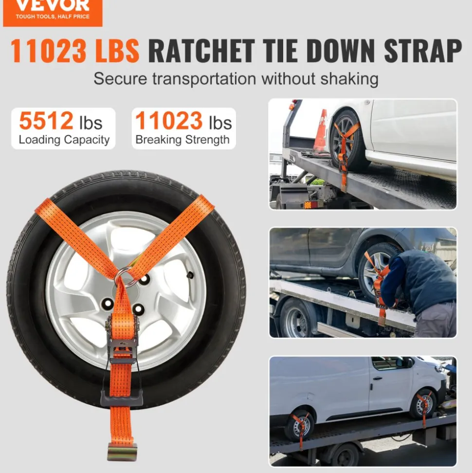 VEVOR Car Tie Down Straps Kit, Lasso Style 2" x 120" Tire Straps, 5512 LBS Working Load, 11023 LBS Breaking Strength, with Flat Hooks for Passenger Car, ATV, Motorcycle, Van, SUV, UTV, Trailer, 4-Pack