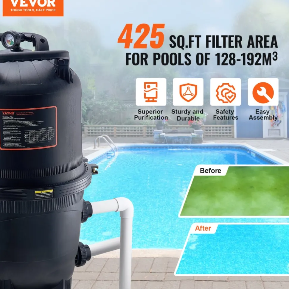 VEVOR Cartridge Pool Filter, 425Sq. Ft Filter Area Inground Pool Filter, Above Ground Swimming Pool Filtration Filter System with Upgrade Filter &Leak-proof, for Hot Tubs, Spa, Inflatable Pool