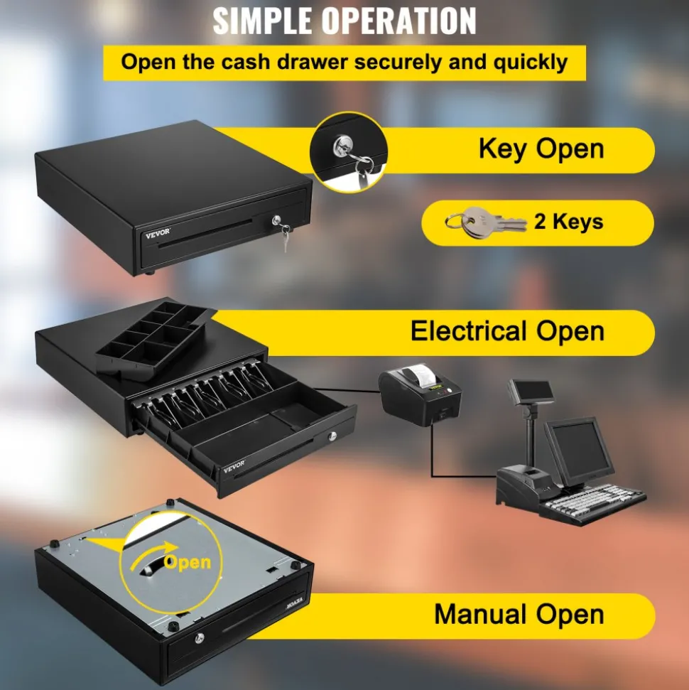 VEVOR Cash Register Drawer, 16" 12 V, for POS System with 5 Bill 8 Coin Cash Tray, Movable Coin Compartment & 2 Keys Included, RJ11/RJ12 Cable for Supermarket, Bar, Coffee Shop, Restaurant (USD Only)