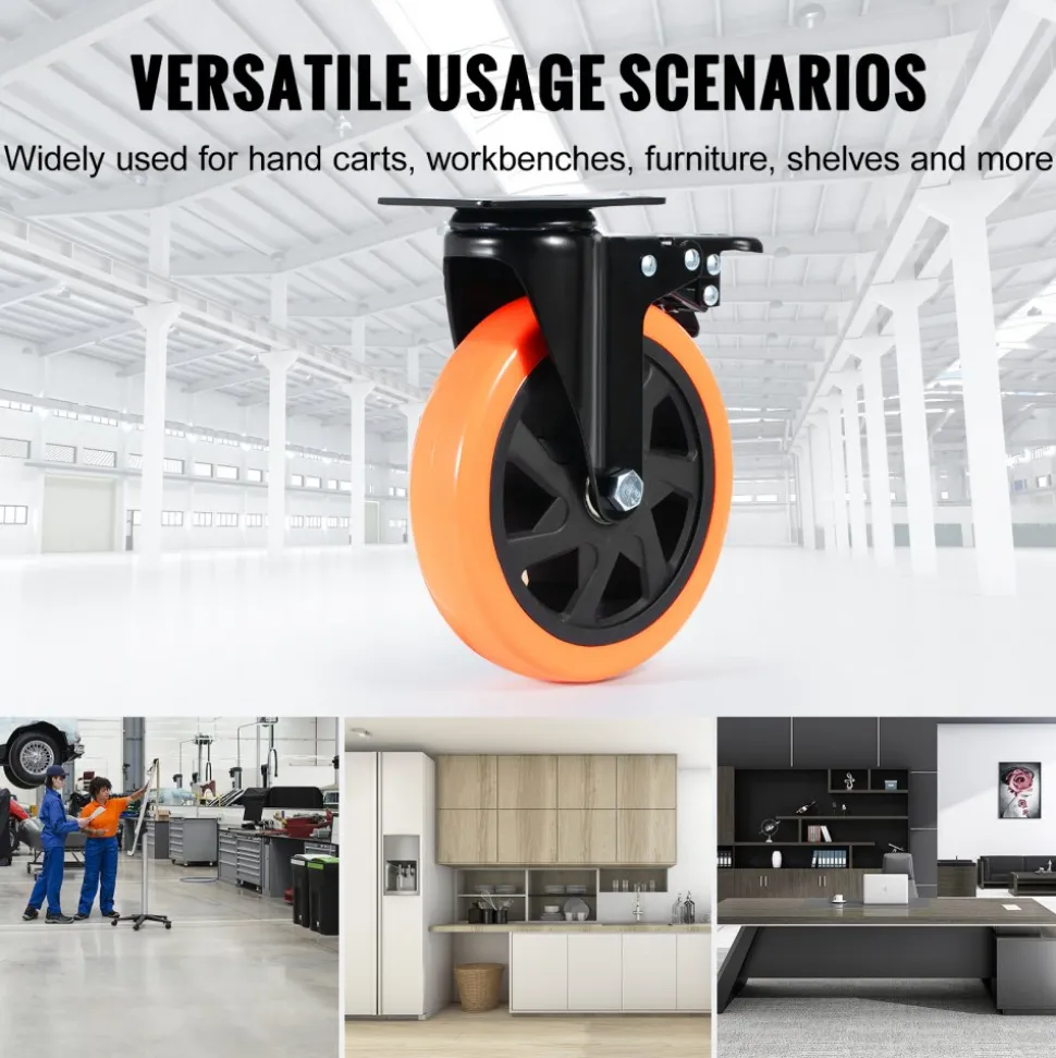 VEVOR Caster Wheels, 6-inch Swivel Plate Casters, Set of 4, with Security A/B Locking No Noise PVC Wheels, Heavy Duty 700 lbs Load Capacity Per Caster, Non-Marking Wheels for Cart Furniture Workbench