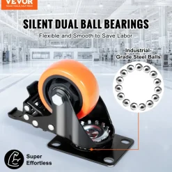 VEVOR Caster Wheels, 2-inch Swivel Plate Casters, Set of 4, with Security Dual Locking No Noise PVC Wheels, Heavy Duty 150 lbs Load Capacity Per Caster, Non-Marking Wheels for Cart Furniture Workbench