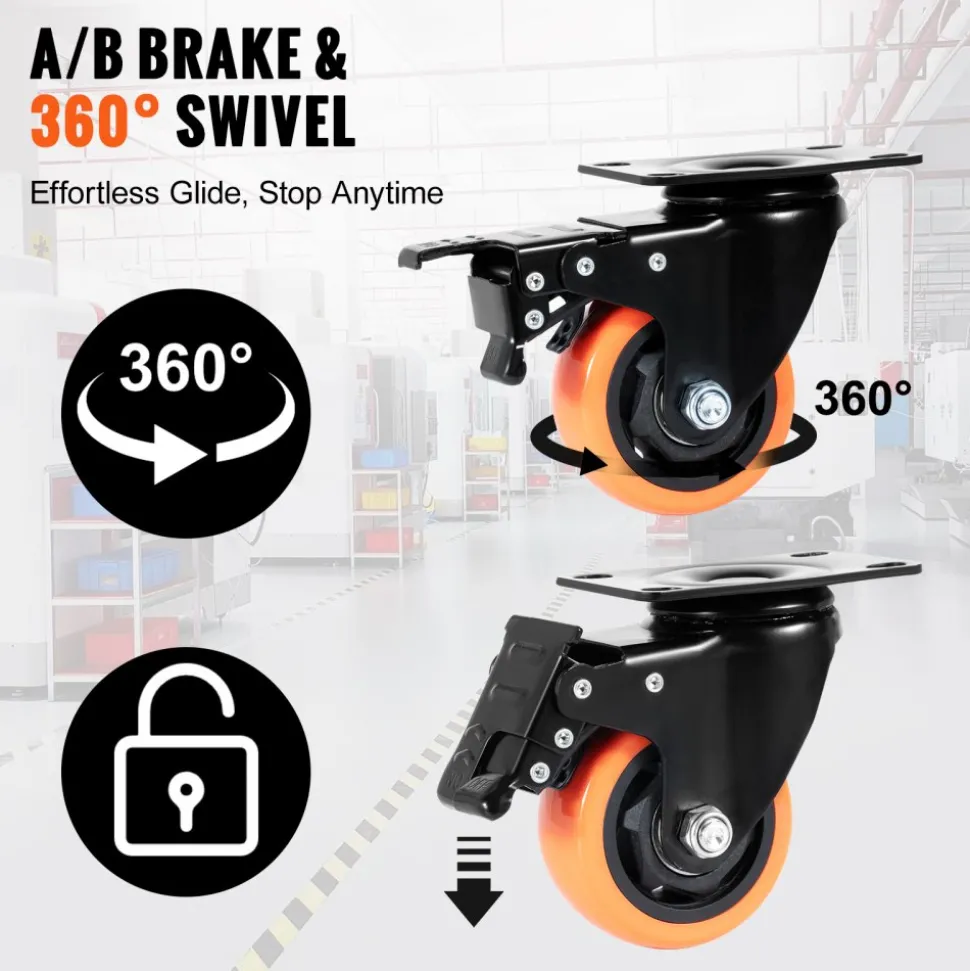 VEVOR Caster Wheels, 3-inch Swivel Plate Casters, Set of 4, with Security A/B Locking No Noise PVC Wheels, Heavy Duty 250 lbs Load Capacity Per Caster, Non-Marking Wheels for Cart Furniture Workbench