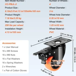 VEVOR Caster Wheels, 3-inch Swivel Plate Casters, Set of 4, with Security A/B Locking No Noise PVC Wheels, Heavy Duty 250 lbs Load Capacity Per Caster, Non-Marking Wheels for Cart Furniture Workbench
