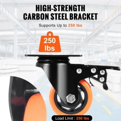 VEVOR Caster Wheels, 3-inch Swivel Plate Casters, Set of 4, with Security A/B Locking No Noise PVC Wheels, Heavy Duty 250 lbs Load Capacity Per Caster, Non-Marking Wheels for Cart Furniture Workbench