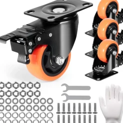 VEVOR Caster Wheels, 3-inch Swivel Plate Casters, Set of 4, with Security A/B Locking No Noise PVC Wheels, Heavy Duty 250 lbs Load Capacity Per Caster, Non-Marking Wheels for Cart Furniture Workbench