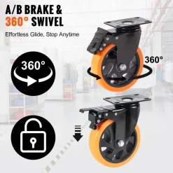 VEVOR Caster Wheels, 5-inch Swivel Plate Casters, Set of 4, with Security A/B Locking No Noise PVC Wheels, Heavy Duty 450 lbs Load Capacity Per Caster, Non-Marking Wheels for Cart Furniture Workbench