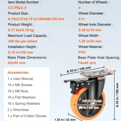 VEVOR Caster Wheels, 5-inch Swivel Plate Casters, Set of 4, with Security A/B Locking No Noise PVC Wheels, Heavy Duty 450 lbs Load Capacity Per Caster, Non-Marking Wheels for Cart Furniture Workbench