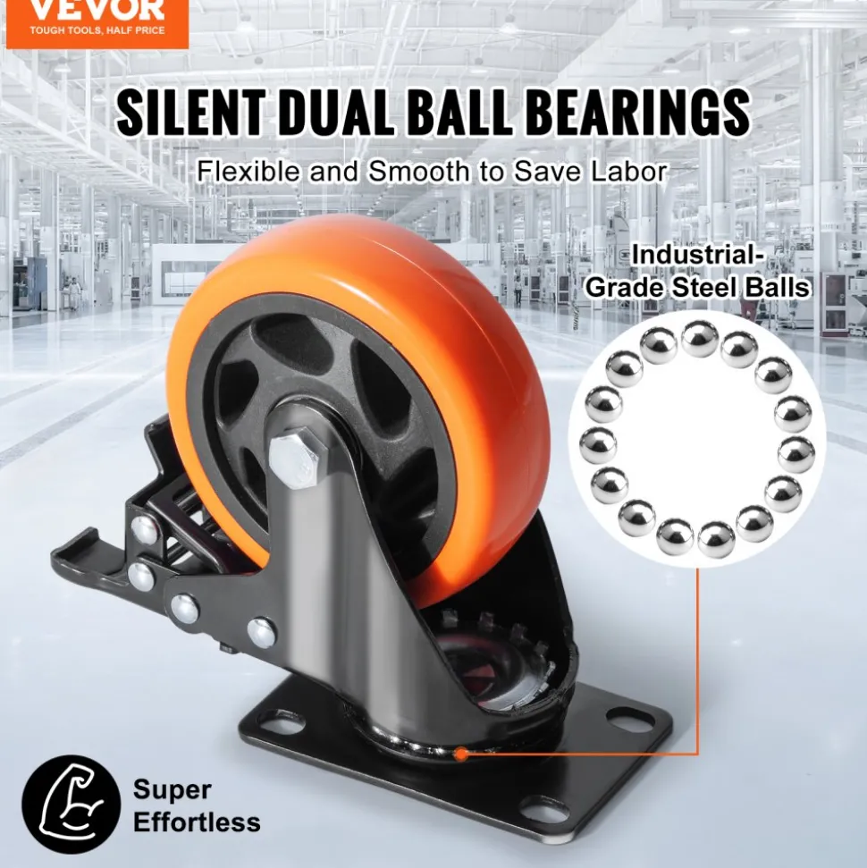 VEVOR Caster Wheels, 4-inch Swivel Plate Casters, Set of 4, with Security A/B Locking No Noise PVC Wheels, Heavy Duty 350 lbs Load Capacity Per Caster, Non-Marking Wheels for Cart Furniture Workbench