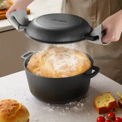 VEVOR Cast Iron Dutch Oven, 2-in-1 Pre-Seasoned Pot with Skillet Lid, 5QT Cookware Pan with Proofing Basket, Bread Baking Accessories, Bread-Oven Compatible 500℉