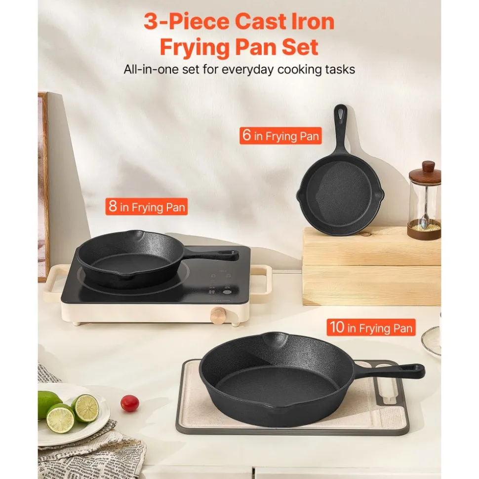 VEVOR Cast Iron Skillet, 3-Piece Frying Pan Set (6, 8, 10 in), Heavy-Duty Skillets with Heat-Resistant Handle, Pre-Seasoned Chef's Pan, Kitchen Cookware, for Oven, Gas, Electrical, Induction, Black