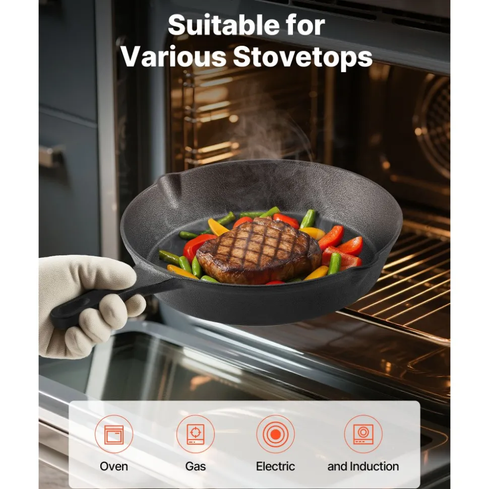 VEVOR Cast Iron Skillet, 3-Piece Frying Pan Set (6, 8, 10 in), Heavy-Duty Skillets with Heat-Resistant Handle, Pre-Seasoned Chef's Pan, Kitchen Cookware, for Oven, Gas, Electrical, Induction, Black