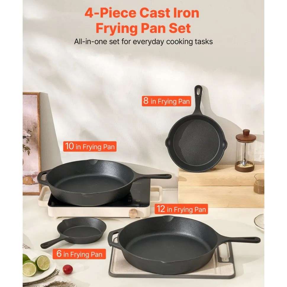 VEVOR Cast Iron Skillet, 4-Piece Frying Pan Set (6, 8, 10, 12 in), Skillets with Heat-Resistant Silicone Handle, Pre-Seasoned Chef's Pan, Kitchen Cookware, for Oven, Gas, Electrical, Induction, Black