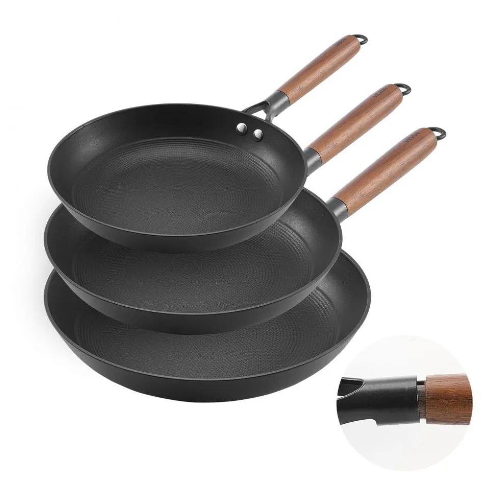 VEVOR Cast Iron Skillet, 3-Piece Frying Pan Set (8, 10, 12 in), Nonstick Skillets with Detachable Wood Handle, Pre-Seasoned Chef's Pan, Kitchen Cookware for Gas, Electrical, and Induction, Black