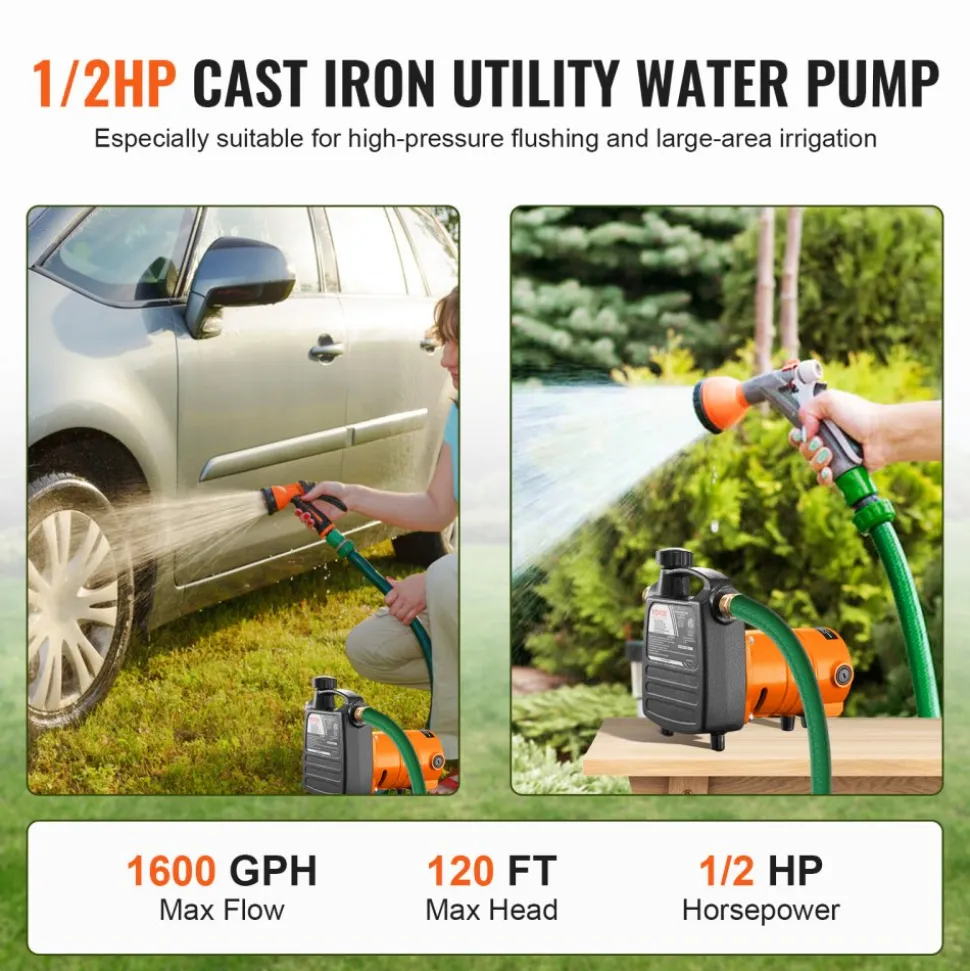 VEVOR Cast Iron Water Transfer Pump, 115V AC 1600 GPH 1/2HP, Portable Electric Utility Pump with Carbon Brush, Filter, Brass Connectors, for Garden, Rain Barrel, Pool, Pond, Hot Tub, Aquarium Draining